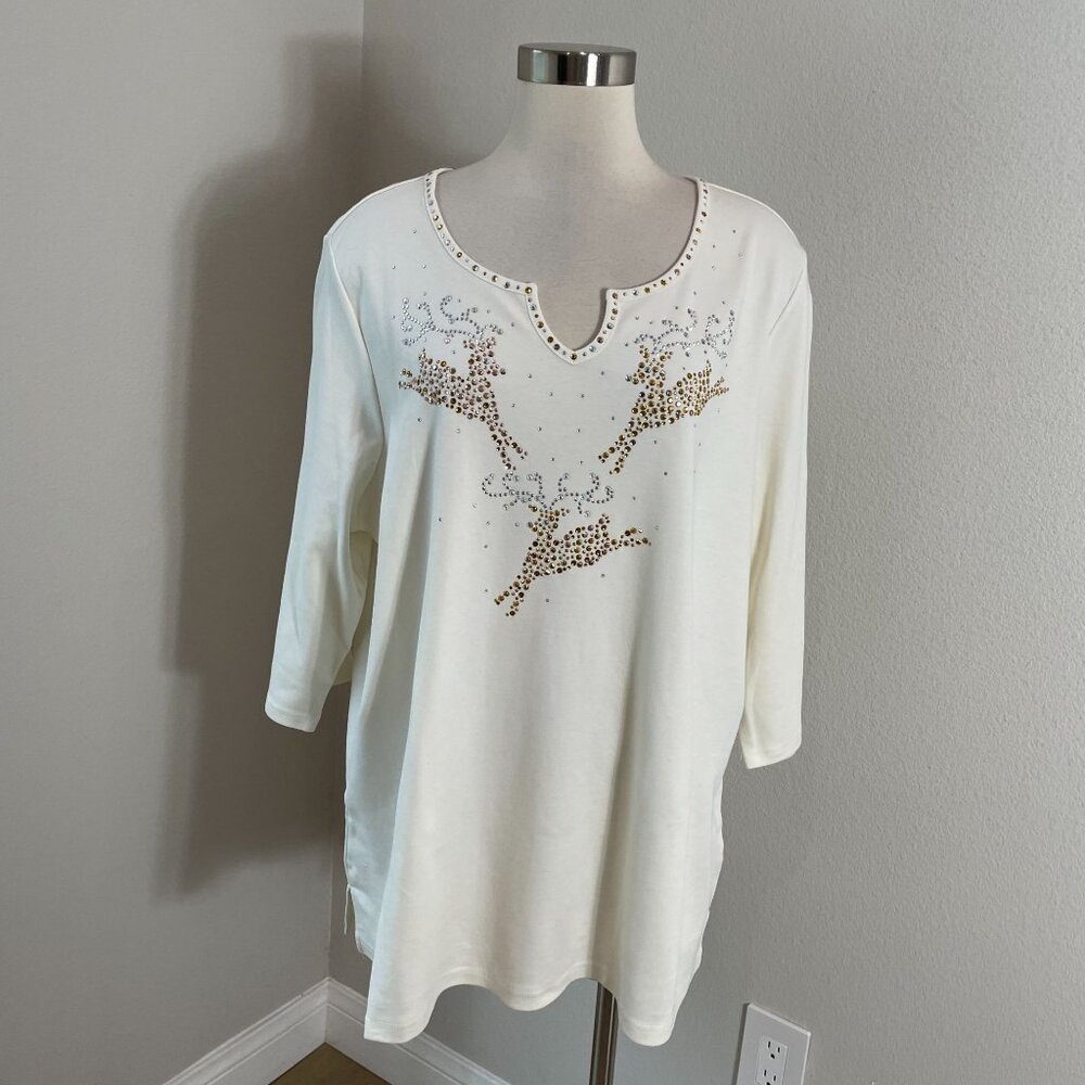 NEW Quacker Factory Womens Plus 2X Embellished Reindeer Holiday Tunic‎ Top Shirt